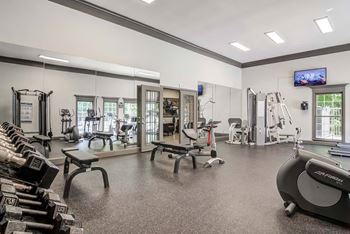 A spacious gym with a variety of equipment including dumbbells, weight machines, and a flat screen TV.